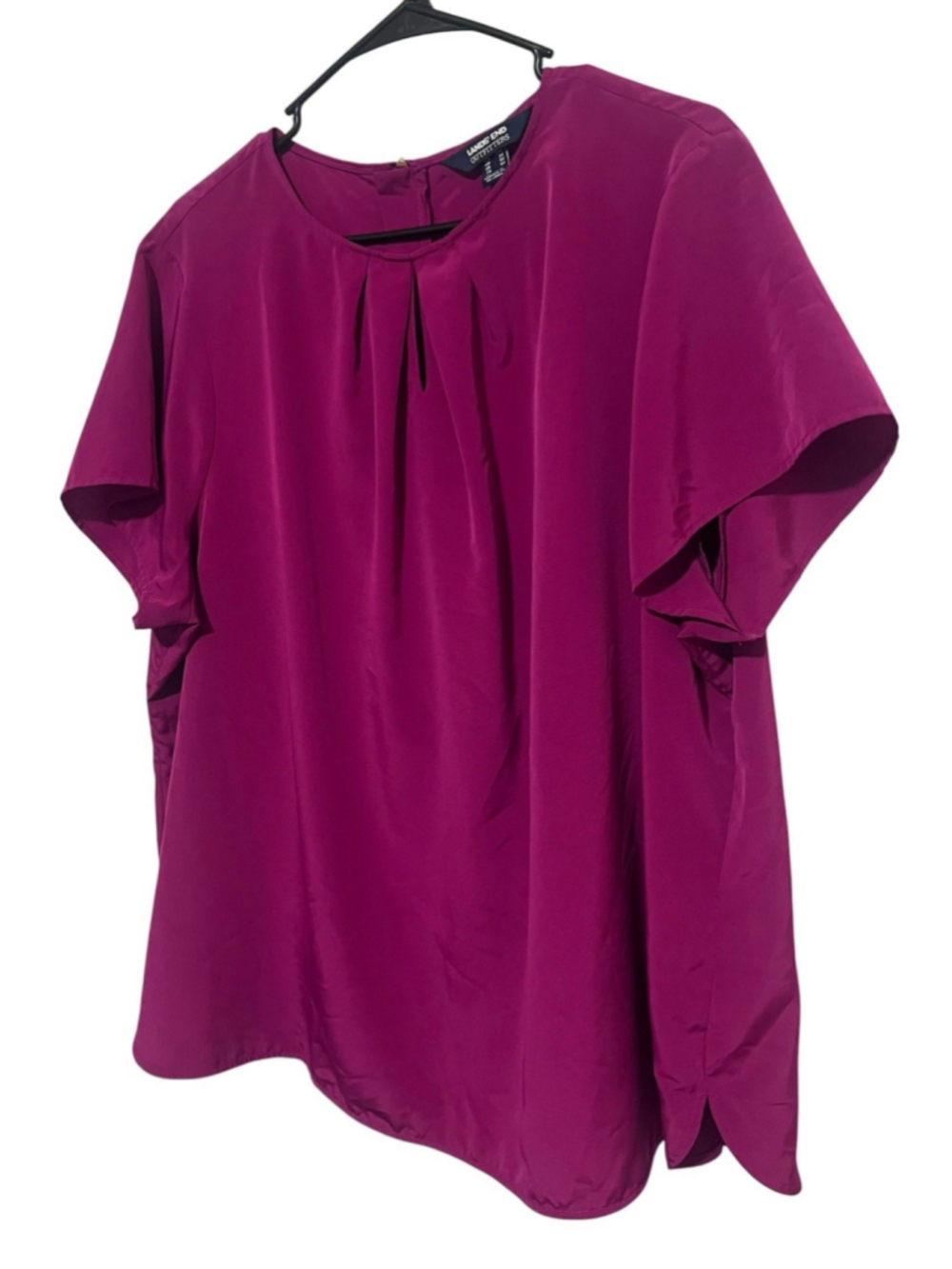 Lands End Top Women’s 20W 2X Magenta Pink Pleated Satin Short Sleeve Blouse